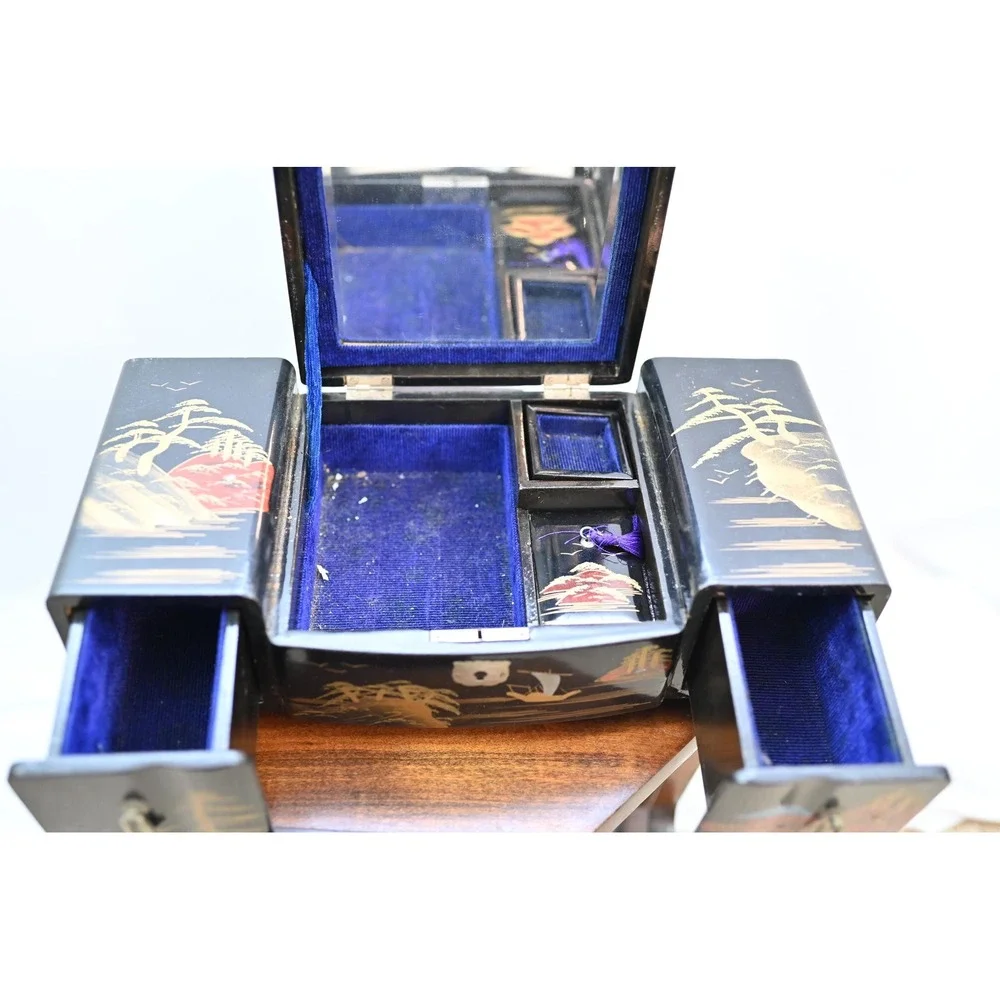 Vintage Japanese Mid Century Black Lacquer Jewelry Box Sankyo Music Box Fuji